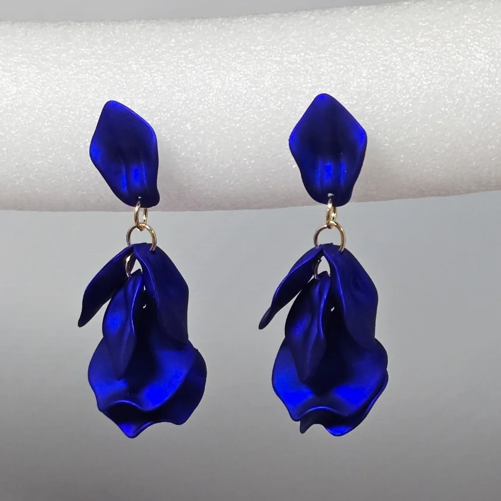 Royal Blue Flower Petal Earrings Sculptural Floral Statement Dangle Earrings New